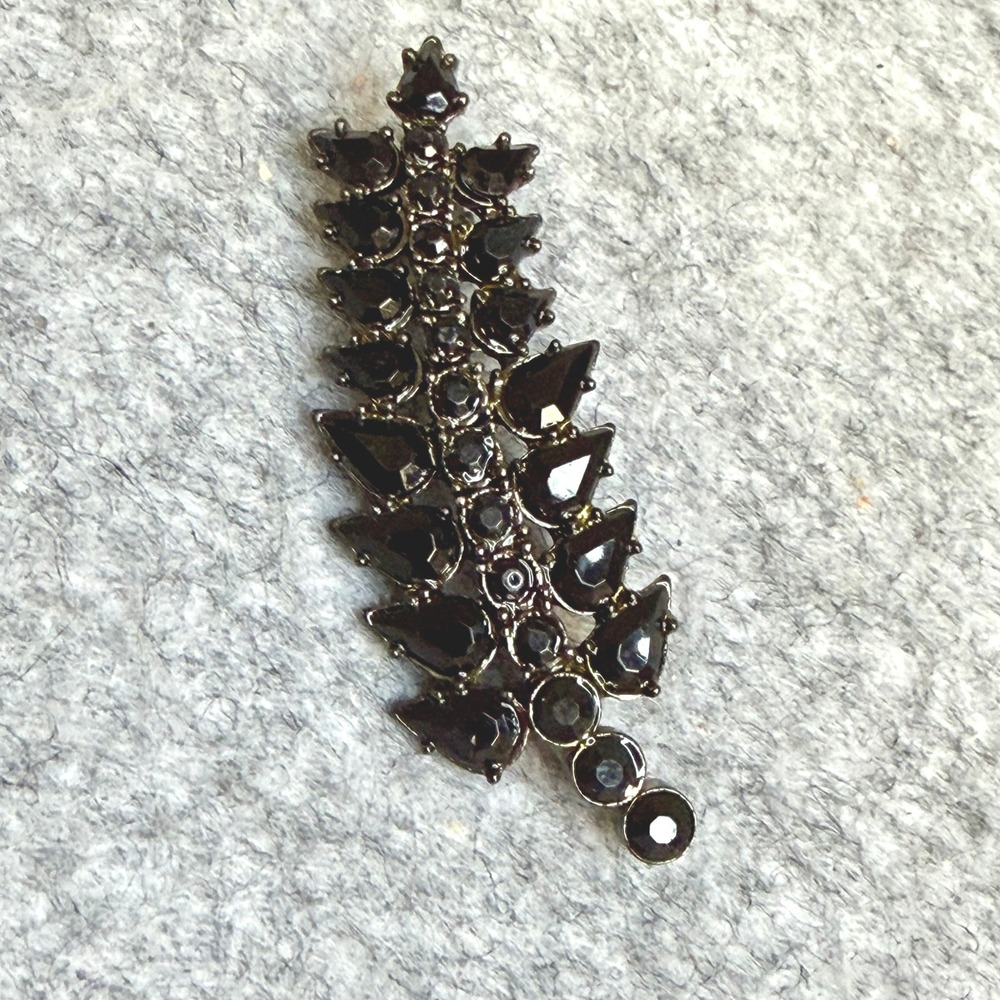 Black‎ Rhinestone Leaf Brooch Gunmetal Tone Vintage Style Feather Pin Jewelry